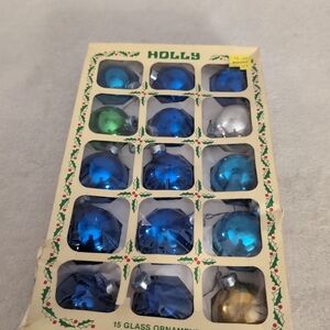 Vintage Holly Blue Glass Ball Ornaments 1.75” Set Of 15 Made in USA Baubles